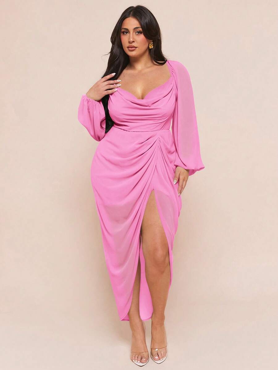 SHEIN BAE Váy xẻ tà cổ xếp nếp đính sequin lấp lánh thanh lịch cỡ lớn dành cho nữ, tay dài, màu xanh bạc hà - Hồng - Xem 1