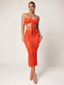 Silquee Women Solid Color High Waist Hollow Out Fitted Sweater Skirt - Orange - View 6