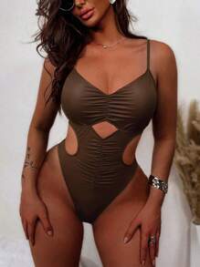 Swim SXY 女式纯色细肩带镂空后背褶饰休闲沙滩连体泳衣，夏季 - 咖啡棕 - 查看 3