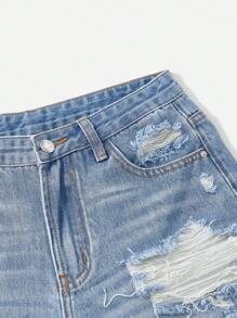 SHEIN EZwear 女性偏乾磨邊牛仔短褲，帶破洞口袋 - 淺色水洗藍 - 查看 6