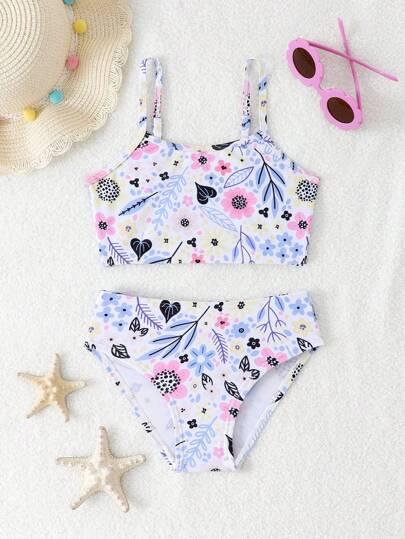 SHEIN 小女孩渐变紫色和多色花卉印花比基尼套装儿童泳衣两件套