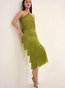 Aveloria Rosie Solid Color Multi-Layer Fringe Flowy Vacation Backless Sleeveless Criss-Cross Halter Sexy Dress For Women Elegant Fashionable Style For Summer Spring Fall Autumn - Green - View 3