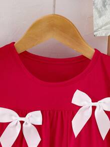 SHEIN Baby Girl Casual Simple Comfortable Round Neck Short Sleeve Colorblock Bow Decor T-Shirt - Red - View 5