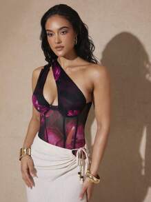 Silquee 春夏服装温暖红色花卉，粉色红掌印花，虎百合印花网眼不对称领口褶皱性感黑色花卉紧身衣 - 玫紅色 - 查看 3