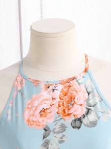 SHEIN Leap Crew Tween Girl Backless Strap Floral Print Sleeveless Vacation Dress - Baby Blue - View 5