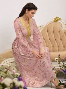 Al Najma 女式花卉印花 V 领束带优雅长袖阿拉伯风超长连衣裙 - 粉色 - 查看 4