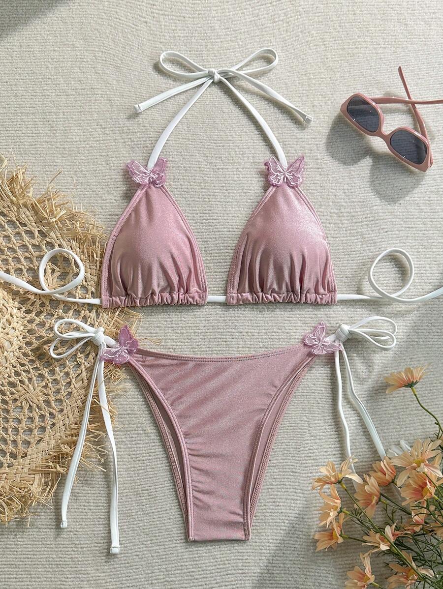 Soleia مجموعة ملابس سباحة لحرير موضوع البحر والعطلات مخطط وردي مع ديكور معدني، مناسبة لعيد القيامة والعطلات والأحداث الكاجوال والبوهيمي والأوروبي ومهرجانات الموسيقى والبلد والبرانش والشاطئ والتخرج