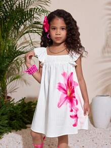 Young Girls Cute Flower Print Ruffle Hem Loose A-Line Casual Vacation Home Outdoor Back To School Dress, Spring/Summer - Apricot - View 7
