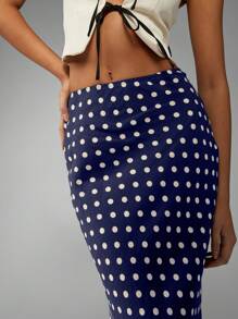 MISSGUIDED 波尔卡圆点长裙高腰修身长款经典春夏季度假晚会派对侧开叉优雅 - 藍色 - 查看 3