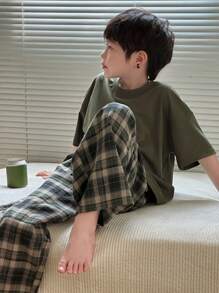 Dazy Kids Tween Boys Knit Round Neck Short Sleeve T-Shirt + Plaid Long Pants Homewear Set, Spring/Summer,Back To School Clothes - Dark Green - View 1