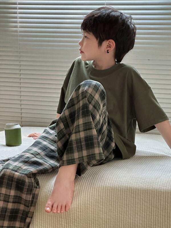 Dazy Kids Tween Boys Knit Round Neck Short Sleeve T-Shirt + Plaid Long Pants Homewear Set, Spring/Summer,Back To School Clothes