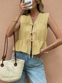 SHEIN Frenchy 女士无袖纯色衬衫，时尚夏装 - 黃色 - 查看 3