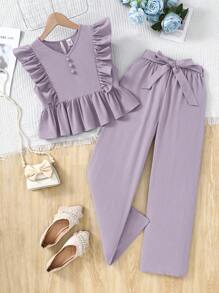 SHEIN Leap Crew Tween Girls Chiffon Ruffled V-Neck Blouse With Bowknot & Wide Leg Pants 2Pcs Casual Set, Countryside Style For Spring Outing, Garden Afternoon Tea - Mauve Purple - View 4