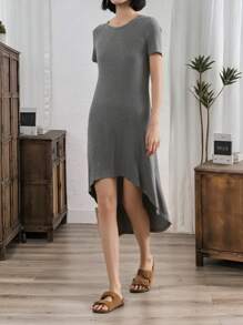 SHEIN LUNE Women's Casual Holiday Solid Color Asymmetric Hem Mid-Length Dress - Grey - View 9