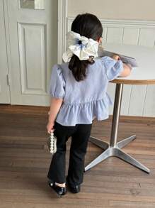 SHEIN Little Byeori 梭织条纹圆领泡泡袖休闲衬衫