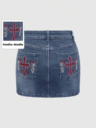 Grunge Punk Crop top vintage Y2K con adorno de strass con cruz y alas, minifalda vaquera ajustada para mujer