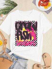 Flirla Pink Crawfish Season Printed Casual Plus Size T-Shirt - White - View 3