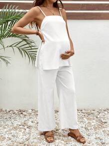 SHEIN 孕妇度假休闲纯色侧开衩吊带背心和裤子两件套 - 白色 - 查看 6