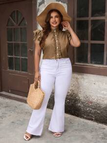 Breezaya Plus Size Solid Color Front Button Ruffle Hem Casual Short Sleeve Denim Blouse - Khaki - View 6