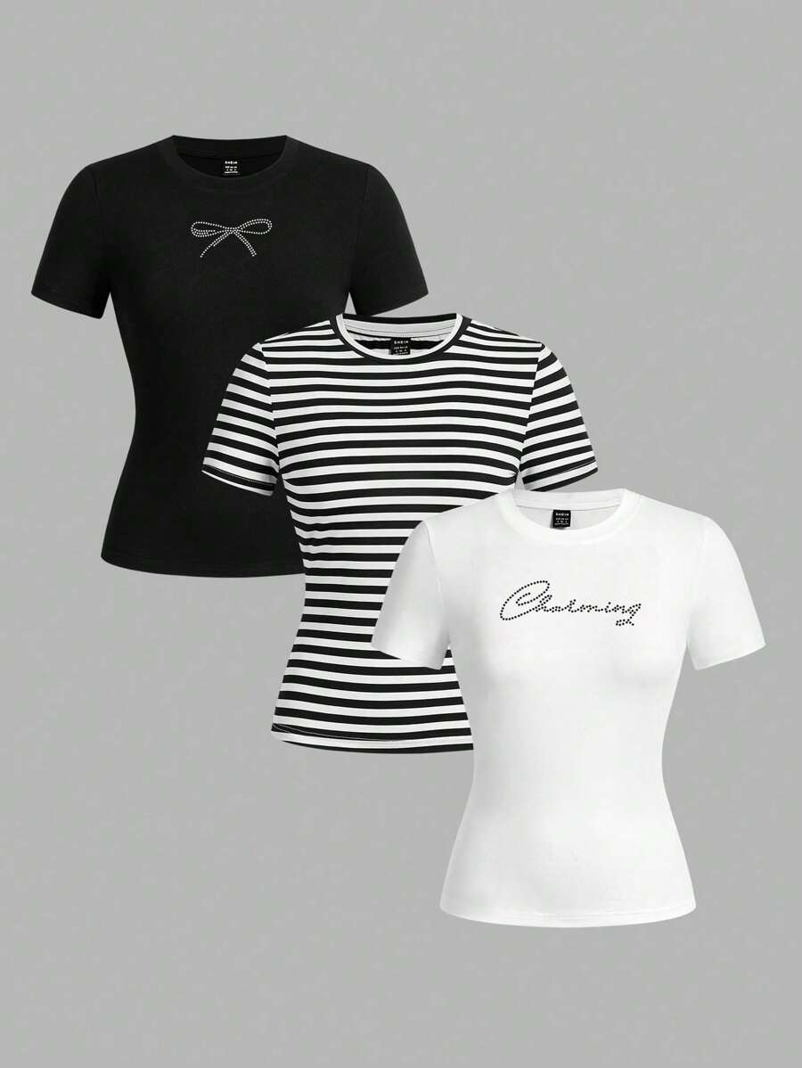 SHEIN EZwear 女式仿水钻字母蝴蝶结印花条纹休闲修身短袖 T 恤三件套，适合夏季、海滩度假 - 彩色 - 查看 1