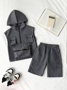2pcs Set Young Boy Plain Hoodie And Shorts - Grey - View 3