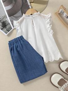 青少年女孩无袖纯色上衣和裤子套装，简约时尚两件套服装 - 彩色 - 查看 2