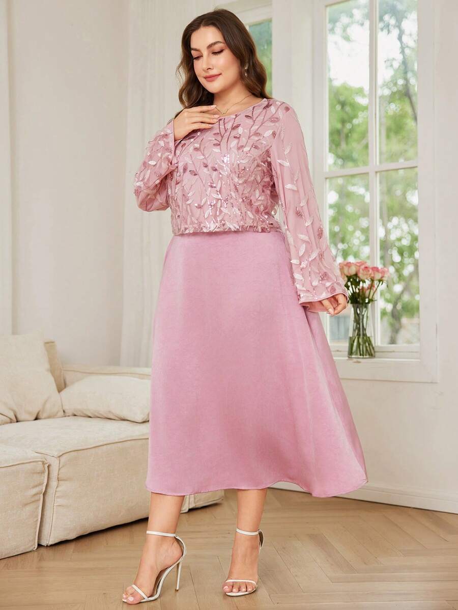 Modelyn 大码女式亮片刺绣套装，纯色长袖上衣和裙子，适合夏季的时尚服装 - 藕粉色 - 查看 1