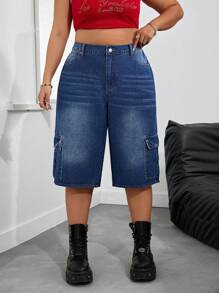SHEIN ICON Plus Size Women's Cargo Pocket Wide Leg Casual 3/4 Denim Jeans - Blue - View 6