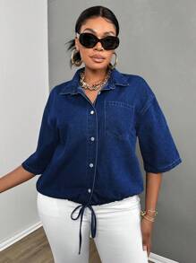 SHEIN Lady Plus Size Blue Denim Top Three-Quarter Sleeves Sexy Shirt Loose And Slim Casual Women Shirt Teacher Back To School, Fall - Dark Wash - View 6