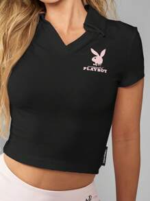 Missguided x Playboy V 领 Polo 衫风格短袖运动网球高尔夫俱乐部运动性能运动服必备夏季春季 - 黑色 - 查看 6