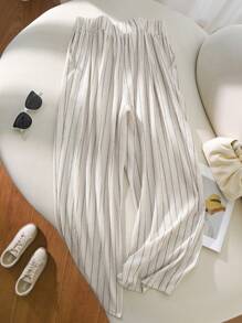 SHEIN Frenchy 大码女式侧扣设计条纹宽腿宽松裤 - 杏色 - 查看 6