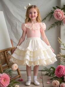 SHEIN Baby Girl Sweet Lace Ruffle Collar Short Sleeve Cardigan And Asymmetrical Ruffled Peplum Skirt Full Outfit Set, Suitable For Summer - Multicolor - View 2