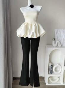 Flirla Plus Size Women's Strapless Satin Ruffle Blouse & Slit Flared Pants Set,Black Summer Elegant Formal Evening Night Chic Vintage Two Pieces Outfit - Black and White - View 4