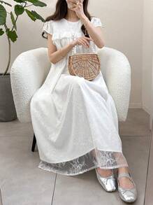 FRIFUL Plus Size Women Frill Mesh Lace Patchwork Casual Loose Dress, Sweet Lightweight Vacation Dress For Spring & Summer, Suitable For Graduation, Wedding Guest - White - View 6