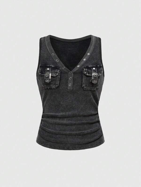 ROMWE Grunge Punk Vintage Washed Chick-Eye Workwear Pockets Knitted Retro Low-Cut Black & Gray Short Sleeve Melange Rib Knit Bodycon Overbust Corset Tank Top For Women