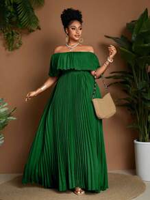 Maweii Damen große Größen Kleid Einfarbig mit Schulterausschnitt, modisch, elegant, plissiert - Grün - Übersicht 5