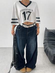 POPSWAY Plain Minimalist Numeric Print T-Shirt, Fashion For Summer - White - View 1