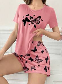 SHEIN Purple Butterfly Print Casual Short Sleeve & Shorts Ladies Pajama Sets - Pink - View 1