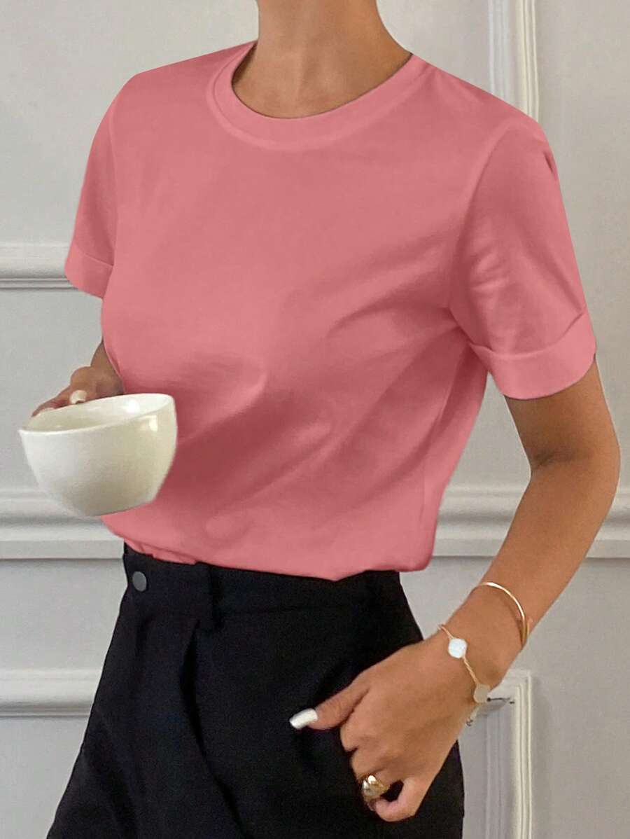 Livesso Solid Color Crew Neck Casual Short Sleeve T-Shirt For Women, Autumn - Rose Red - View 1