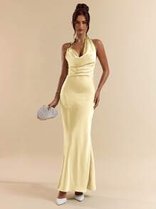 SHEIN BAE Spring/Summer Green Sexy Deep Draped Neck Metal Decor Open Back Extra Long Satin Mermaid Hem Dress, Bridesmaid Dress, Satin Dress, Sexy Dress,Butter Yellow Dress - Yellow - View 1