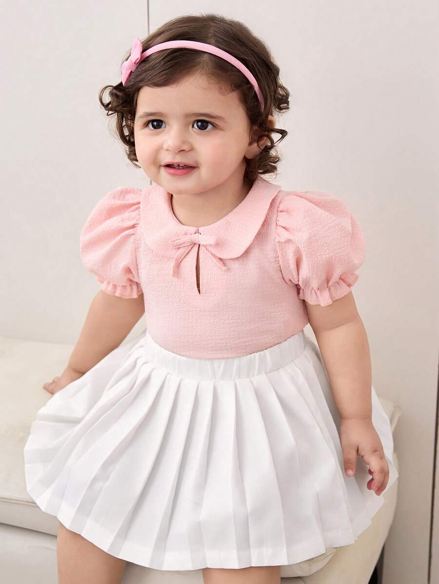 SHEIN Babygirl Summer Cute Versatile Textured Pink Peter Pan Collar Blouse - Pink - View 1