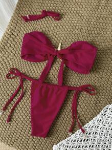 SHEIN Swim 女士纯色细肩带金属海星装饰性感比基尼套装，夏季 - 紅色 - 查看 2