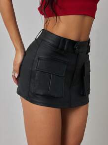 SHEIN ICON Black Mini Skirt With Utility Pockets, Sexy - Black - View 5