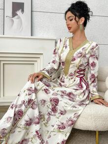 Yasmyna Women Floral Print Ribbon V-Neck Elegant Long Sleeve Arabic Dress, Modest - Multicolor - View 5