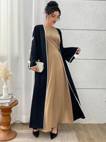 Women's Contrast Trim Butterfly Decor Long Sleeve Abaya, Modest Robe - Black - View 3