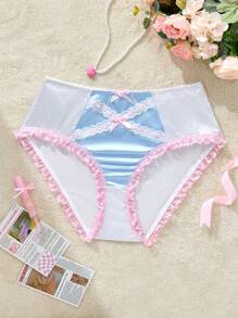 PetitDoll Plus Size Sweet & Cute Satin Contrast Color Bow Decor Lace Patchwork Ruffle Trim Briefs - Baby Blue - View 6