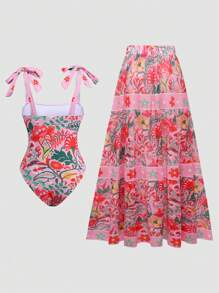 Swim Oasis 加大码 2 件热带植物印花连体泳衣和长款荷叶边下摆沙滩裙套装，高端女士夏季波西米亚海滩度假泳装