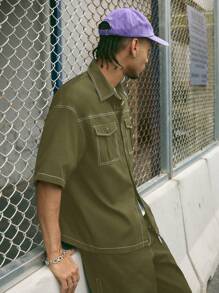 AXEPEAK 男士短袖休闲衬衫，适合夏季，街头风 - 軍綠色 - 查看 4