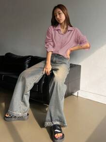 DAZY Women Solid Color Loose Casual Long Sleeve Shirt,Fall Clothes Preppy Tops - Pink - View 2