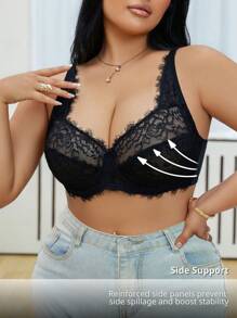 SHEIN Elegant Plus Size Black Lace Sheer Unlined Full Coverage Bra With Wide Support Straps For Women - Black - View 6